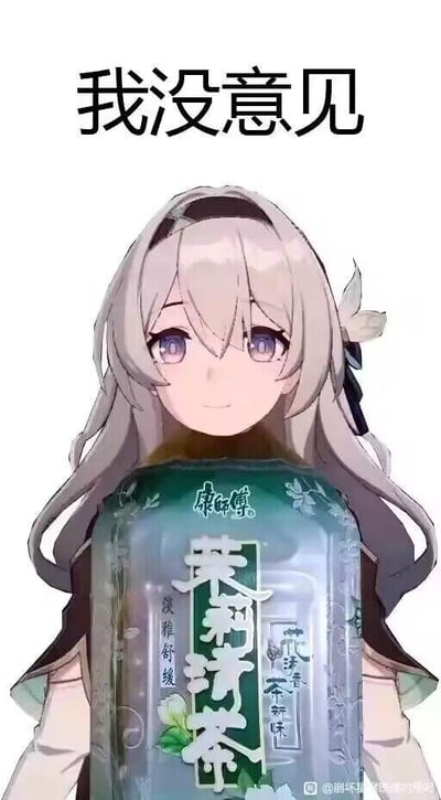 这是一张网友二次创作的搞笑梗图，将米哈游游戏《崩坏：星穹铁道》中的角色流萤的上半身与康师傅茉莉清茶的瓶身拼接在一起，画面上方配有文字“我没意见”。图中利用视觉错位制造出流萤“捧着”茉莉清茶的效果，结合文字表达出一种顺从、没有反对意见的佛系态度，整体风格诙谐有趣，适合用于表达自己对事情无异议的情绪。