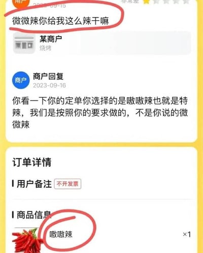 图片展示了一则外卖订单的搞笑误会场景。用户于2023年9月15日投诉某烧烤商户：“微微辣你给我这么辣干嘛”（文字被红色圆圈标注），商户次日回复称用户实际选择的是“嗷嗷辣”（即特辣），并附上订单详情截图。订单详情中“商品信息”一栏明确显示“嗷嗷辣 ×1”，同样被红色圆圈重点标注，形成用户误记辣度选择的幽默对比。