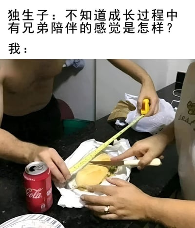 这张梗图通过文字和图片对比，幽默展现了独生子女与有兄弟姐妹的人成长经历的不同。上方文字写着"独生子：不知道成长过程中有兄弟陪伴的感觉是怎样？我："，下方图片则展示了几个人正用卷尺认真测量一个汉堡，准备精确分割的场景，暗示有兄弟姐妹时连食物都要公平分配的日常。