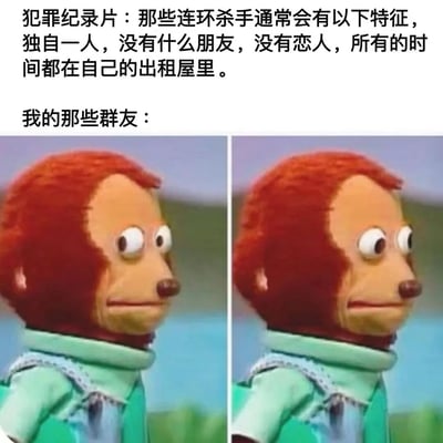 图片上方文字描述犯罪纪录片中连环杀手的常见特征：独自一人、无朋友恋人、长时间待在出租屋。下方以“我的那些群友：”引出两张左右排列的木偶角色对比图，左侧木偶表情略显呆滞，右侧表情微变，似若有所思，通过幽默类比调侃群友的生活状态与所述特征相似，营造轻松搞笑的效果。