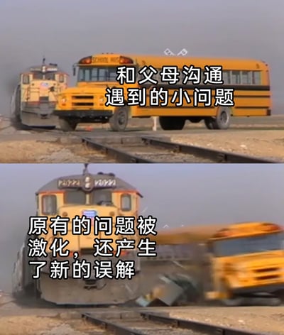这是一张上下分栏的对比梗图，上半部分展示了一辆黄色校车停在铁轨上，后方有火车驶来，配文“和父母沟通遇到的小问题”，将和父母沟通初期的小矛盾比作即将面临碰撞的校车；下半部分则是火车撞上校车，校车被撞飞的画面，配文“原有的问题被激化，还产生了新的误解”，用极具冲击力的车祸场景夸张地表现出和父母沟通时的糟糕结果——不仅原本的小矛盾没有解决，反而变得更严重，还额外产生了新的误会，精准戳中了很多人与父母沟通时的无奈与挫败感，用搞笑的方式引发共鸣。
