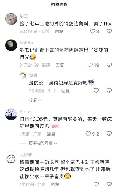 社交媒体评论区截图，共显示97条评论中的5条。评论内容包括：捡七年工地钢筋边角料卖11w、罗书记盯着下属的薄荷奶绿露出贪婪目光、称赞薄荷奶绿好喝、日均43.05元与疯狂星期四、以及关于留置期间退钱的讨论。