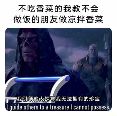 这是一张改编自漫威电影场景的趣味梗图，顶部文字描述了一个生活场景：“不吃香菜的我教不会做饭的朋友做凉拌香菜”，图片主体采用《复仇者联盟》系列电影里红骷髅与灭霸的画面，并添加了类似游戏加载的进度条元素，底部配文“我引领他人探寻我无法拥有的珍宝”（附带英文翻译）。该梗图用红骷髅作为灵魂宝石守护者却无法拥有宝石的悲情设定，类比自己作为不吃香菜的人，却要指导朋友制作自己无法享用的凉拌香菜的无奈又好笑的处境，将影视梗与生活小事结合，制造出幽默的反差感。