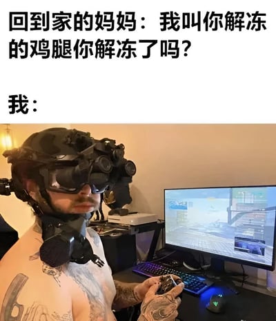 这张梗图通过对比幽默地展现了年轻人沉迷游戏与现实责任的冲突。上方文字显示妈妈回家后质问："我叫你解冻的鸡腿你解冻了吗？"，下方则是一张照片，显示"我"戴着专业的战术夜视仪，全神贯注地拿着游戏手柄玩电脑游戏，完全沉浸在游戏世界中，暗示已经忘记了解冻鸡腿的任务。这种夸张的装备与日常家务的反差产生了喜剧效果。