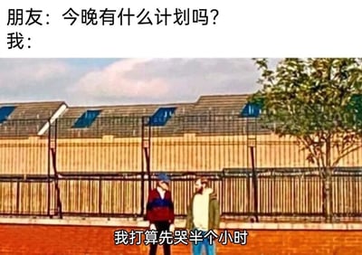 这是一张图文混排的丧系梗图，画面上方呈现朋友与“我”的对话开篇，朋友询问“今晚有什么计划吗？”，下方是一张户外实拍场景图，图中有两位真人站在围栏前，神情看起来低落消沉，图片底部配有文字“我打算先哭半个小时”，作为“我”对朋友问题的回应。整张图用直白又带自嘲感的方式，精准表达了当代人偶尔会陷入的疲惫、低落，只想独处宣泄负面情绪的状态，没有双关、谐音梗等内容，只是直接传递低落的情绪。