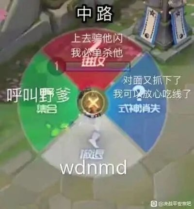 这是一张以MOBA手游《决战！平安京》的中路对战场景为背景的模板改编趣味图，采用决策轮盘的构图形式，将中路玩家在对局中常见的几种典型心态划分到不同颜色的区域中：红色区域代表激进的进攻心态，文字为“上去骗他闪 我必单杀他 进攻”；蓝色区域代表安心发育的心态，文字为“对面又抓下了 我可以放心吃线了 式神消失”；绿色区域代表求助队友的心态，文字为“呼叫野爹 集合”；灰色区域代表无奈撤退的心态，文字为“撤退 wdnmd”，顶部标注“中路”字样。该图精准地捕捉了中路玩家在游戏中想法多变、心态复杂的状态，引发玩家共鸣，充满趣味性。
