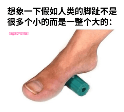 图片上方有黑色文字'想象一下假如人类的脚趾不是很多个小的而是一整个大的:'，下方是一张经过编辑的人类脚部照片，原本应该有五个脚趾的位置被修改成只有一个巨大的脚趾，这个大脚趾正压在一个绿色的圆柱体物体上。图片通过夸张的人体结构改造创造出荒诞搞笑的视觉效果。