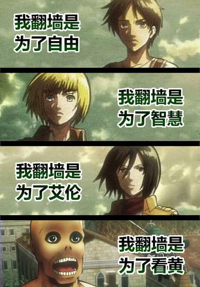 这是一张由《进击的巨人》角色截图拼接而成的搞笑梗图，共分四栏展示：
1. 艾伦·耶格尔配文「我翻墙是为了自由」，贴合他追求突破围墙、获得自由的核心人设；
2. 阿尔敏·阿诺德配文「我翻墙是为了智慧」，对应他渴望探索墙外世界知识的设定；
3. 三笠·阿克曼配文「我翻墙是为了艾伦」，体现她对艾伦的守护执念；
4. 最后是无垢巨人配文「我翻墙是为了看黄」，用完全脱离原作设定的离谱理由制造荒诞反差，打破前三栏的严肃氛围，形成强烈的搞笑效果。
