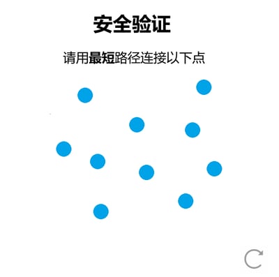 这是一个网页端的安全验证界面，整体为纯白色背景，上方居中显示黑色加粗的“安全验证”标题，标题下方是常规字号的提示文字“请用最短路径连接以下点”，界面中间区域随机分布着12个蓝色实心圆点，右下角设有一个灰色的刷新循环图标。该验证要求用户规划出一条最短的连续路径，将所有蓝色圆点依次连接起来，以此完成人机验证，核心目的是区分人类用户与自动化程序，拦截恶意批量操作，保障平台安全。