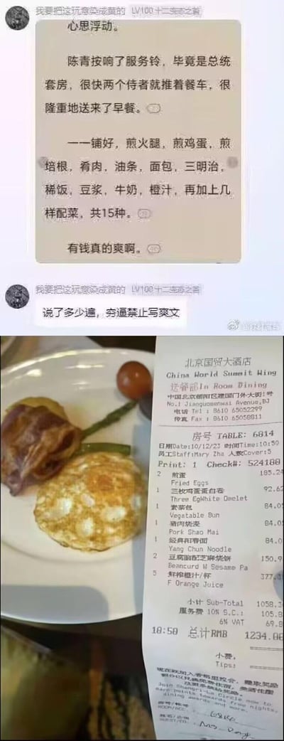 这是一张上下拼接的搞笑梗图，上半部分是一段网络爽文片段：主角在总统套房享用包含煎火腿、油条等15种餐品的早餐，发出“有钱真的爽啊”的感慨；下半部分是网友“我要把这玩意染成黄的”的吐槽“说了多少遍，穷逼禁止写爽文”，并配上北京国贸大酒店的5人份早餐账单（总计1234元）和餐食实物图。用真实的高端酒店早餐消费，对比爽文里的普通早餐配置，讽刺爽文作者缺乏生活经验，把日常早餐当成顶级奢华体验，反差感拉满，极具搞笑效果。