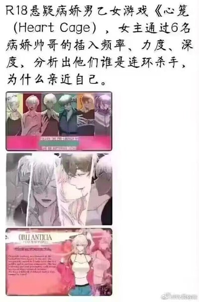 这是一张介绍R18悬疑病娇向乙女游戏《心笼（Heart Cage）》的图文混排竖屏图，整体分为三个区域：顶部是黑色简体中文的游戏核心玩法介绍，说明该游戏为面向女性玩家的R18悬疑乙女游戏，女主需要通过与6名病娇男性角色的亲密接触细节，分析出其中的连环杀手以及对方亲近自己的缘由；中间区域是6名男性角色的二次元卡通半身/头像图，角色画风偏日系，神态多带有病娇感的冷峻、魅惑气质；底部是游戏女主的立绘图，女主穿着露脐上衣与短裤，背景为粉色调并带有英文装饰文字，整体风格契合乙女游戏的浪漫悬疑氛围。图中无谐音梗、双关或额外暗示类内容，核心是安利这款小众成人乙女游戏。