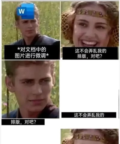 这是一张多图拼接的连环梗图，网友通过改编《星球大战》的剧照，精准吐槽了微软Word文档的反人类设计。图中分为四个部分：第一张是带有Word图标的男性角色，配文“*对文档中的图片进行微调*”，代表使用者对文档图片进行操作；第二张是女性角色笑着配文“这不会弄乱我的排版，对吧？”，表现出使用者对排版稳定的期待；第三张是男性角色表情严肃，配文“排版，对吧？”，暗示操作即将破坏排版；第四张仅显示女性角色的下半部分，对应排版彻底混乱后使用者的崩溃状态。整个梗图通过角色表情的变化，还原了使用Word时从期待到崩溃的心理过程，引发职场人和学生群体的强烈共鸣，精准戳中Word调整图片时极易打乱排版的使用痛点。