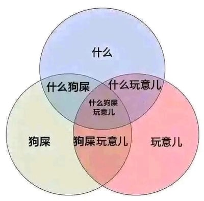 这是一张静态单图，采用维恩图的形式呈现，三个不同颜色的圆形分别标注“什么”“狗屎”“玩意儿”三个词汇，通过圆形的不同交集区域展示词汇的组合结果：“什么”与“狗屎”的交集为“什么狗屎”，“什么”与“玩意儿”的交集为“什么玩意儿”，“狗屎”与“玩意儿”的交集为“狗屎玩意儿”，三个圆形的共同交集为“什么狗屎玩意儿”。这些组合后的词汇都是中文口语中带有负面情绪、用于表达不满与吐槽的脏话，该图用严谨的维恩图形式来整理这类口语脏话，形成一种反差幽默，以趣味化的方式呈现日常吐槽用语的组合逻辑。