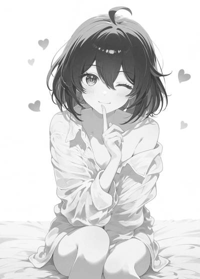 黑白动漫风格插画，描绘了一位短发少女俏皮眨眼并比出嘘手势的场景。少女有着大大的眼睛，脸上带着红晕，周围环绕着几颗小爱心，营造出可爱害羞的氛围。她穿着一件宽松的衬衫，姿态轻松自然，整体画面构图清晰，充满青春活力。