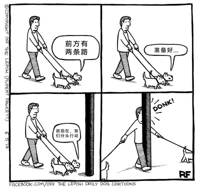 这是一则四格黑白搞笑漫画：第一格中，一名男子牵着两只苏格兰梗犬悠闲散步，开口说道“前方有两条路”；第二格，男子继续说道“准备好...”；第三格，男子喊出“就现在，我们分头行动”，此时画面中出现一根立柱；第四格，两只狗狗严格执行“分头行动”的指令，分别向柱子的两侧走去，将男子夹在柱子上，男子头部撞到柱子发出“DONK!”的声响，表情窘迫。漫画利用“分头行动”的字面含义制造反差笑点，展现了宠物和主人之间的趣味日常。