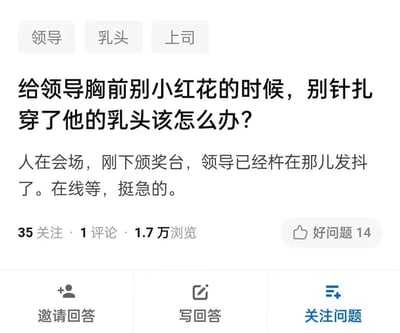 这是一张社交媒体问答平台的截图，展示了一个紧急求助问题：用户在给领导胸前别小红花时，别针意外扎穿了领导的乳头，现在领导在会场发抖，用户急需解决方案。截图包含问题标题、详细描述、相关标签（领导、乳头、上司）以及互动数据（35关注、1评论、1.7万浏览、14个"好问题"点赞）。底部有邀请回答、写回答和关注问题三个功能按钮。