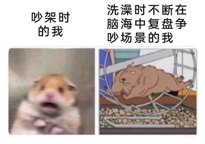 这是一张左右分栏的对比类表情包，左侧展示了一只表情激动的真实仓鼠，它嘴巴大张、面部泛红，前爪抬起，配文“吵架时的我”，生动还原了人们在吵架时情绪失控、语无伦次的状态；右侧是出自动画《辛普森一家》的卡通仓鼠，它瘫软在仓鼠跑轮上，表情烦躁又疲惫，配文“洗澡时不断在脑海中复盘争吵场景的我”，精准刻画了很多人在争吵结束后，会反复回想吵架细节、陷入自我内耗的日常心理。整张图通过两种动物状态的强烈反差，用幽默的方式戳中了大众的共鸣点。