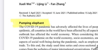 这是一篇英文学术论文的部分内容截图，顶部标注了作者Xueli Wei、Lijing Li、Fan Zhang，以及论文的收稿时间2021年4月5日、录用时间2021年6月15日、在线发表时间2021年7月15日，还有版权声明。高亮显示的论文标题为《Pumping elephant》，正文开篇介绍新冠疫情对全球民众生活、各国各方面以及世界经济造成了负面影响，该研究将从社会经济学角度，结合时间序列与截面数据，基于国际组织网站信息，探讨疫情下就业、贸易等社会福祉相关内容。