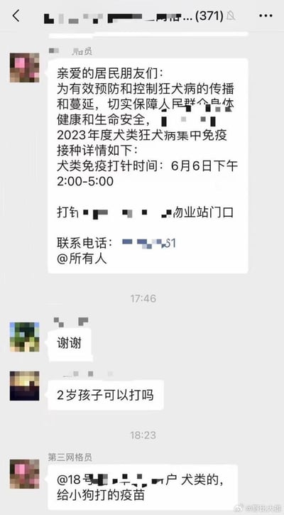 这是一个居民微信群的聊天截图，群主发布通知称6月6日将有犬类狂犬疫苗的集中免疫活动，随后有群友认真问“2岁孩子可以打吗”，底下工作人员回复称“犬类的，给小狗打的疫苗”。这种尴尬提问与官方正经回复，形成了强烈的幽默反差，也意外表现了聊天室里常见的误会场景。

本图中的笑点在于信息理解错位和认知误区，属于纯粹的生活类聊天表情包。没有政治性内容。