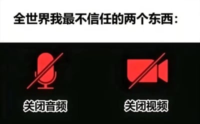 这是一张针对线上会议场景创作的搞笑梗图，图中上方用醒目的黑色大字写着“全世界我最不信任的两个东西：”，下方并列展示了两个红色的功能禁用图标——左侧是带斜杠的麦克风图标，下方标注“关闭音频”；右侧是带斜杠的摄像机图标，下方标注“关闭视频”。这两个图标是各类线上会议软件中常见的音视频关闭状态标识，梗图通过夸张的吐槽，精准戳中了很多人在使用线上会议软件时的普遍顾虑：担心自己确认关闭音视频后，设备却未成功执行，导致自己的私人声音或画面意外泄露，引发社死尴尬，用幽默的方式表达了对这类功能标识的不信任感。
