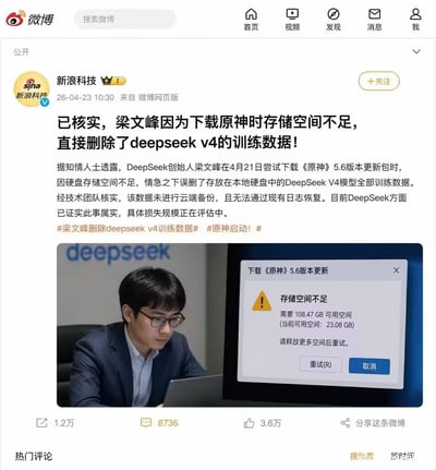 这是一张经过PS伪造的新浪微博平台截图，内容伪装成新浪科技官方发布的新闻，声称DeepSeek创始人梁文峰为下载《原神》5.6版本更新包，因硬盘存储空间不足，误删了DeepSeek V4模型的全部无备份训练数据，还搭配了梁文峰使用电脑、电脑屏幕弹出原神更新存储空间不足提示的合成配图。该内容属于虚构的搞笑玩梗内容，并非真实新闻，相关事件并未实际发生。