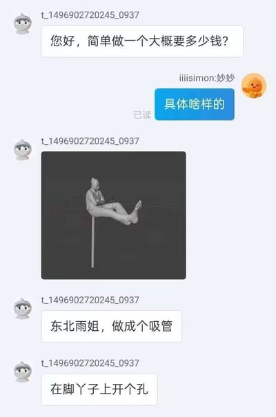 这是一张聊天记录截图，展示了两名用户的对话过程。用户“t_1496902720245_0937”首先询问“您好，简单做一个大概要多少钱？”，对方“iiiiimon:妙妙”（带有黄色小鸡头像）回复“具体啥样的”。随后，询问方发送了一张黑白图片（内容为一个人坐在杆子上的形象），并补充说明“东北雨姐，做成个吸管”“在脚丫子上开个孔”，形成了一个无厘头的定制需求场景。