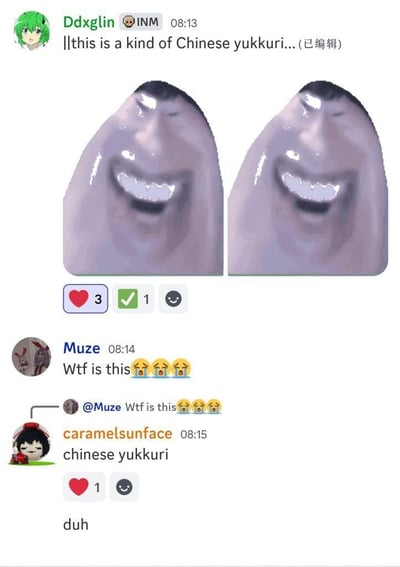 这是一张海外聊天平台的截图，用户Ddxglin首先发布了一张魔性P图，图中是两个被修改成类似东方Project衍生梗“油库里”造型的怪异面部形象，配文称这是“中国的油库里”。随后用户Muze发出“这是什么鬼”的疑惑评论，另有用户跟风重复该疑惑，用户caramelsunface则回复“中国油库里”，并用“废话”（对应英文duh）回应疑惑，整个聊天过程充满了对这张魔性表情包的吐槽与玩梗氛围，怪异的形象引发了网友的好奇和调侃。