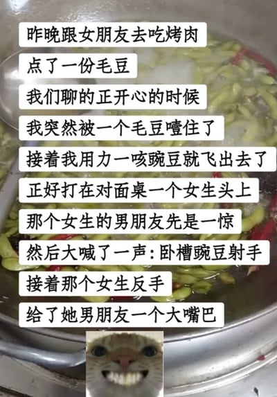 这是一张竖屏的图文混排梗图，背景是一碗泡在水中的毛豆，上方用白色文字块讲述了一个搞笑的餐厅糗事：博主和女友吃烤肉时被毛豆噎到，咳嗽时把毛豆喷到了对面桌女生头上，女生的男友见状玩《植物大战僵尸》的梗大喊“卧槽豌豆射手”，结果被女生反手打了一巴掌。图的底部配上了一张被P出诡异大笑嘴巴的猫表情包，放大了整个事件的滑稽感。
玩梗说明：这里借用了《植物大战僵尸》中“豌豆射手”发射豌豆的设定，把喷毛豆的行为比作豌豆射手攻击，男友不分场合玩梗被打，形成了反差笑点。
