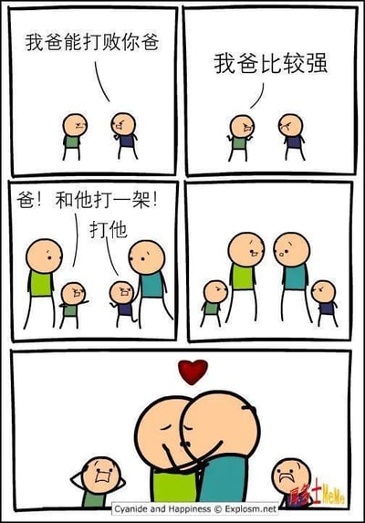 这是一则四格加结局的连环漫画，完整剧情如下：
1. 绿衣服小孩和蓝衣服小孩争吵，绿衣服小孩放话：「我爸能打败你爸」
2. 蓝衣服小孩回怼：「我爸比较强」
3. 两个小孩各自拉着自己的爸爸，激动地喊着让爸爸们对决
4. 爸爸们对视后，最终画面是两个爸爸亲吻在一起，头顶出现爱心，两个孩子则一脸震惊地看着。

漫画通过反转剧情制造笑点：原本以为会是爸爸们的武力对决，结果却是同性之间的亲密互动，完全打破了孩子和读者的预期，用荒诞的黑色幽默带来出其不意的搞笑效果。