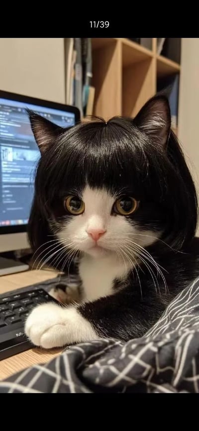 一只黑白配色的奶牛猫戴着黑色齐刘海假发，趴在摆放着电脑的书桌键盘前，圆溜溜的大眼睛睁得圆圆的，看起来无辜又呆萌。背景里的电脑屏幕显示着类似工作界面的内容，搭配假发让猫咪的外形酷似人类，仿佛是被迫加班的打工人，画面搞笑又治愈，没有双关、谐音梗或暗示内容。