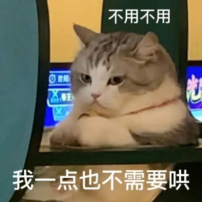 图片中是一只灰白相间的猫咪，它趴在疑似桌面的表面上，前爪交叉，眼神略带不屑，表情傲娇。图片上方配有文字“不用不用”，下方则是“我一点也不需要哄”，通过猫咪的神态与文字内容形成反差萌，生动展现了一种口是心非、明明可能渴望关注却嘴硬拒绝的可爱状态。