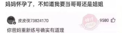 这是一张社交媒体截图类的搞笑梗图，图中上方是一名孩子的发言：“妈妈怀孕了，不知道我要当哥哥还是姐姐”，这句话暴露了孩子连自己的性别都不清楚，显得十分迷惑；下方是用户“皮皮侠73824170”的评论：“你爸妈重新练号确实有道理”，该评论用游戏里“重新练号”的说法调侃，暗指这个孩子不够“靠谱”，爸妈想要再生一个更“合格”的孩子，这个评论获得了9580个点赞。图中右下角还有一个模糊的“神评 精选好”水印，整体是典型的网络趣味梗图，利用孩子的迷惑发言制造笑点，评论的调侃精准戳中笑点，属于网络上流行的家庭类搞笑内容。