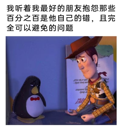 这是一张改编自迪士尼动画《玩具总动员》场景的表情包，上方配有文字“我听着我最好的朋友抱怨那些百分之百是他自己的错，且完全可以避免的问题”。画面中，牛仔胡迪摊着手，脸上带着无奈又迁就的笑意看向一旁垂着眼、一脸沮丧的企鹅吱吱，生动还原了作为好友，明明清楚问题出在对方身上，却依旧要耐心倾听对方抱怨的场景，精准戳中了人们在和朋友相处时的这类无奈又温暖的时刻，很容易引发共鸣。