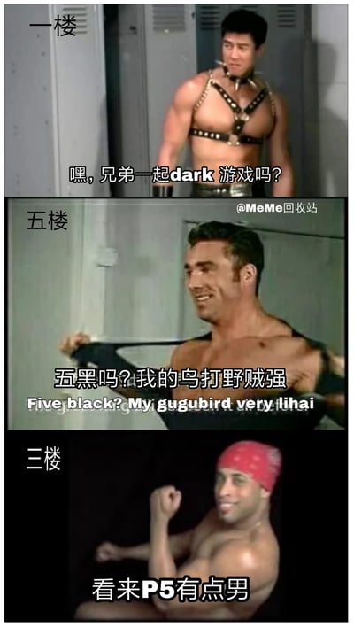 这是一张三格拼接的哲♂学梗图，每格都有不同的肌肉男性角色，背景均为类似更衣室的场景。一楼人物穿着黑色带刺项圈和束缚装，配文"嘿，兄弟一起dark游戏吗？"；五楼人物露出微笑，配文"五黑吗?我的鸟打野贼强 Five black? My gugubird very lihai"；三楼人物戴着红色头巾，展示肌肉，配文"看来P5有点男"。图中使用了哲♂学文化特有的幽默表达方式和中英文混杂的网络用语。
