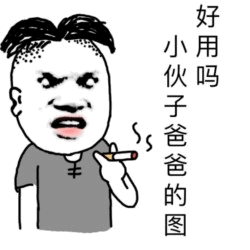 图片中是一个卡通风格的男性角色，他留着短发，表情凶狠，眉头紧锁，嘴巴张开似乎在喊话。角色穿着灰色短袖，左手夹着一根正在冒烟的香烟。右侧配有竖排文字：“好用吗 小伙子 爸爸的图”，整体风格幽默，带有调侃意味，通常用于朋友间的玩笑互动。