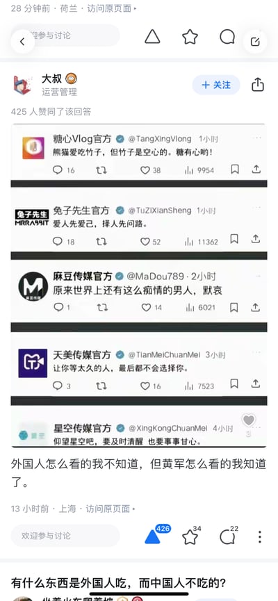 这是一张知乎平台的回答截图，用户「大叔」发布内容，展示了糖心Vlog官方、兔子先生官方、麻豆传媒官方、天美传媒官方、星空传媒官方这五个成人向传媒相关账号的社交平台发文，各账号文案风格各异，有温情文案也有感慨类内容。下方配文「外国人怎么看的我不知道，但黄军怎么看的我知道了」，使用谐音梗，将这些黄色传媒相关账号调侃为「黄军」，玩了一个圈内调侃的梗，引发趣味效果。