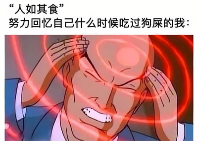 这是一张幽默梗图，上方配有文字"人如其食 努力回忆自己什么时候吃过狗屎的我:"，下方是一个动画角色双手抱头、表情极度痛苦的截图，周围有红色能量圈环绕。图片通过将"人如其食"这句俗语进行字面化和夸张化解读，创造出一种荒诞幽默的效果。
