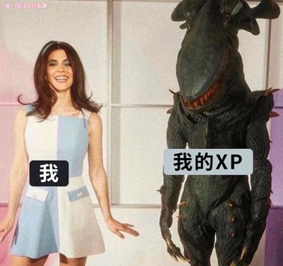 图片为左右对比构图，左侧是一位长发女性，身着蓝白拼接连衣裙，面带微笑，下方标注“我”；右侧是一个造型狰狞的黑色怪兽，头部巨大，嘴露尖牙，下方标注“我的XP”。通过强烈反差幽默展现个人喜好与自身形象的差异，其中“XP”指个人特殊偏好。