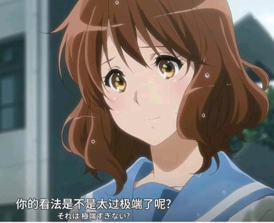 这是动画《吹响！上低音号》的截图，画面中的角色是黄前久美子，她留着棕色短卷发，身着蓝白配色的水手服，脸上挂着类似汗珠或泪珠的水珠，眼神带着些许委屈与认真，开口说出「你的看法是不是太过极端了呢？」的台词，下方配有对应的日文原文。这个画面常被网友用作表情包，在讨论中以委婉温和的语气质疑他人的极端观点，避免对话陷入尖锐对立。