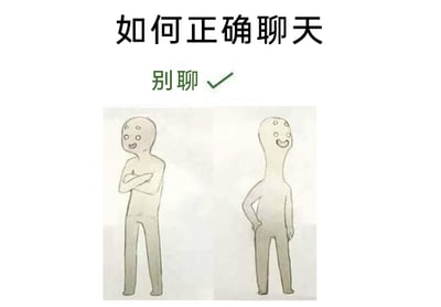 这是一张图文混排的静态网络梗图，整体采用上下结构，顶部用醒目的黑色大字标注标题“如何正确聊天”，标题下方用绿色字体呈现“别聊”字样，并搭配一个对勾符号，以此作为标题问题的答案。图片下半部分是左右排列的两个原创卡通人物：左侧人物双臂交叉抱在胸前，面带笑意；右侧人物一只手叉腰，身体微微倾斜，同样面带笑意。这张图通过反讽的幽默手法，用“别聊”这种看似荒诞的答案回应“如何正确聊天”的问题，精准调侃了部分人群不擅长社交、惧怕聊天，或是单纯不想进行社交对话的心态，在网络中常用于表达社恐情绪或拒绝聊天的诉求。