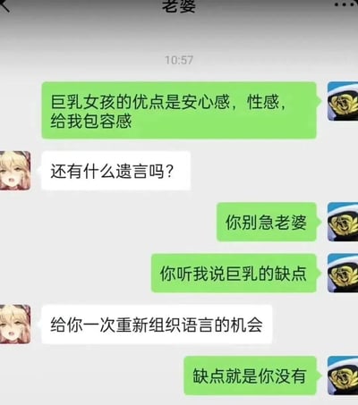 这是一张聊天记录截图，展示了一段情侣间的搞笑对话。绿色气泡方先列出了“巨乳女孩的优点是安心感，性感，给我包容感”，白色气泡方回复“还有什么遗言吗？”，绿色气泡方急忙解释“你别急老婆”并表示“你听我说巨乳的缺点”，最后以“缺点就是你没有”作为调侃的结尾，营造出幽默搞笑的效果。