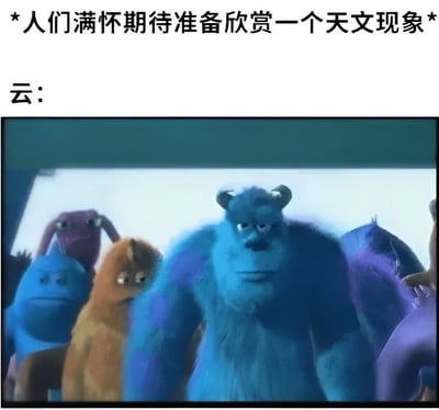图片上方文字描述‘人们满怀期待准备欣赏一个天文现象’，下方标注‘云：’并配上《怪兽电力公司》中苏利文等怪兽严肃站立的电影截图，通过拟人化的‘云’用怪兽们的严肃姿态暗示云层遮挡了天文现象，营造出期待落空的幽默效果。