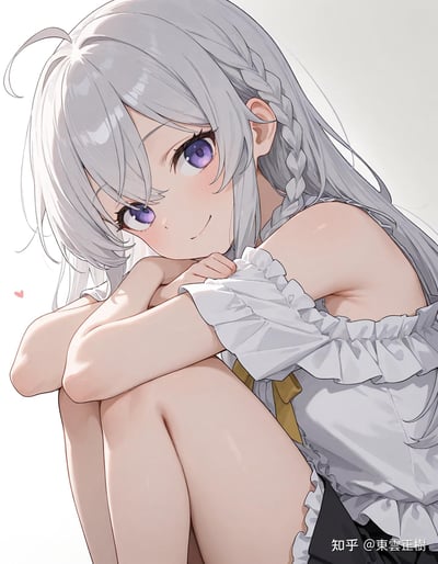 这是一张AI生成的二次元风格竖版插画，画面中的银发少女编着单侧麻花辫，身着露肩荷叶边上衣，双手交叉搭在膝盖上，歪头带着羞涩的微笑看向镜头，脸颊泛着淡淡的红晕，画面左侧还有一颗小巧的爱心元素，整体氛围温柔治愈，充满软萌可爱的气质。
