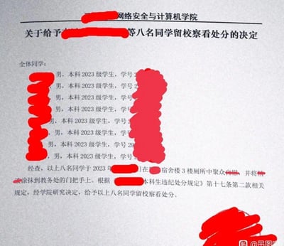 这是一份网络安全与计算机学院发布的正式处分决定文件，针对八名2023级本科男生。文件显示，该八名学生于2023年某日在宿舍楼3楼厕所中聚众自慰，并将精液涂抹到教务处的门把手上，行为性质恶劣。依据学校本科生违纪处分规定相关条款，学院研究决定给予他们留校察看处分。文件中涉及学生姓名、具体日期、部分规定名称等信息被红色马赛克遮挡。