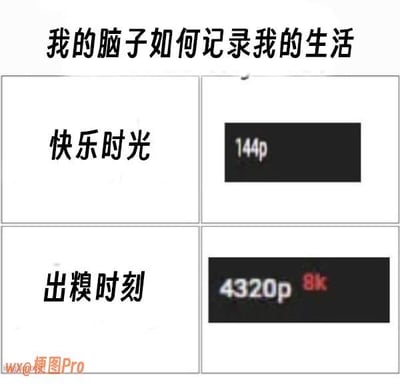 这是一张四格对比类梗图，以“我的脑子如何记录我的生活”为主题，将大脑的记忆用视频分辨率来具象化：左上区域标注“快乐时光”，对应右上的144p极低画质视频标识，代表快乐的回忆总是模糊不清；左下区域标注“出糗时刻”，对应右下的4320p 8k超高清画质标识，代表自己出糗、社死的瞬间会被大脑清晰地记住，细节深刻。图中用这种反差对比的方式，精准戳中大众普遍存在的记忆特点，用幽默的口吻调侃这种让人无奈又共鸣的心理现象。