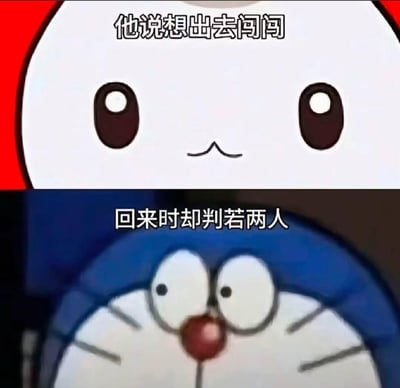 这是一张上下拼接的对比梗图，上图展示了哆啦A梦仅露出白色脸部的平静特写，配文“他说想出去闯闯”；下图则是哆啦A梦瞪大双眼、眼神涣散的惊恐表情，配文“回来时却判若两人”。通过哆啦A梦前后强烈的表情反差，调侃人们外出闯荡、经历社会打磨后，心态和外在状态发生巨大改变，变得沧桑疲惫，充满了搞笑又扎心的反差感，很容易引发有打拼经历的人的共鸣。