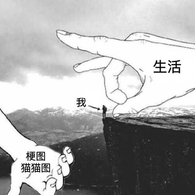 一张黑白插画风格的梗图，描绘了一个站在悬崖边的小人物（标注为“我”）面临着一只巨大的手指（标注为“生活”）的指向，同时另一只手（标注为“梗图猫猫图”）正伸向小人物提供救援。画面通过大小对比表现出生活压力的巨大和网络娱乐内容带来的慰藉。