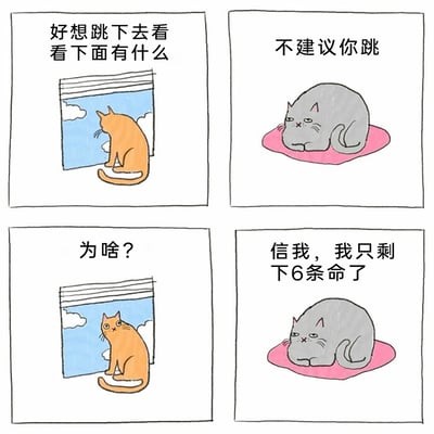 这是一幅四格连环卡通漫画，围绕两只猫咪展开对话：第一格中橘猫趴在窗边，流露出想跳下去探索的想法，配文“好想跳下去看看下面有什么”；第二格是灰猫趴在粉色垫子上，劝阻橘猫“不建议你跳”；第三格橘猫回头露出疑惑的神情，询问“为啥？”；第四格灰猫依旧趴在垫子上，用自己的经历劝阻橘猫，配文“信我，我只剩下6条命了”。漫画借助“猫咪有九条命”的民间传说制造冷笑话效果，暗示灰猫已经因为跳窗户失去了3条命，用自身的“惨痛经历”来劝阻橘猫不要做危险的行为，风格轻松搞笑。