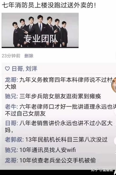 这是一张竖屏的微信朋友圈截图，整体风格轻松搞笑。顶部是发布者的动态：'七年消防员上楼没跑过送外卖的！'，并搭配了一张标注'专业团队'的西装男士合影梗图；下方是多位好友的评论，内容均为充满强烈反差感的搞笑段子：本科律师说不过村大娘、退伍步兵陪女友逛街累瘫、资深律师说不过自己女朋友、老销售讲价输过小区大妈、民航机长多次考不过科目三、老通讯员需要找人装wifi、侦查老兵坐公交被偷手机。这些内容通过职业身份的专业属性与实际日常表现的反差制造笑点，展现了专业技能在生活化场景中'失效'的趣味场景，贴近大众生活，容易引发共鸣。