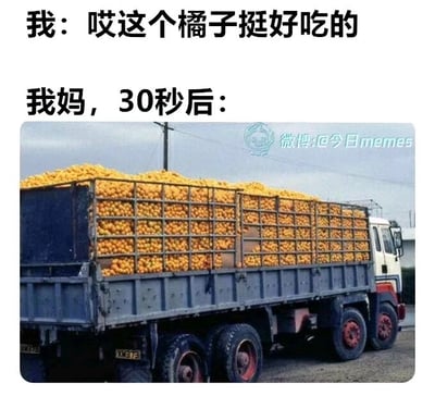 这是一张图文混排的搞笑梗图，采用“文字+实景图”的形式呈现。上方文字分为两部分，第一部分是“我”的发言：“哎这个橘子挺好吃的”，第二部分标注“我妈，30秒后：”，下方搭配一张装满了橘子的大型货运卡车的图片，用极度夸张的方式展现妈妈听到孩子表示喜欢吃橘子后，立刻大量采购的行为，生动调侃了父母辈在表达对孩子的宠爱时，常常会用这种“把喜欢的东西都给你”的朴实且夸张的方式，贴近家庭日常，充满生活趣味，引发网友对类似家庭经历的共鸣。